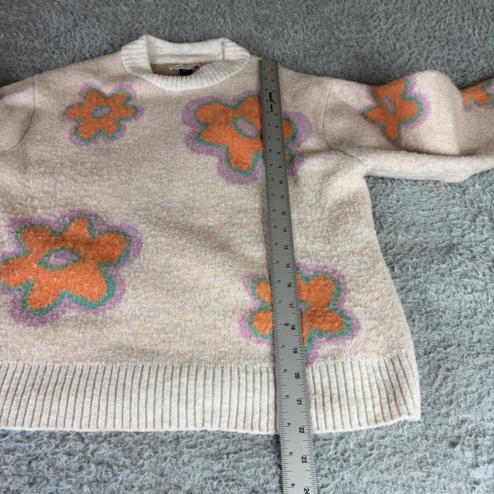 American Eagle Floral Intarsia Crewneck Sweater Oatmeal Orange Small - Picture 6 of 9